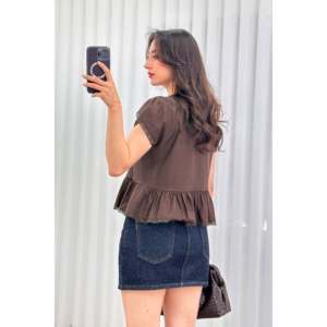 Wholesale Coffee Blouse with Lace Details and <b>Tie</b> Closure - <b>Brown</b> - Product Image 4