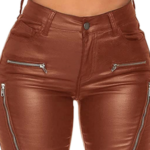 Nouveau design tendance, pantalon en cuir pour femme de haute qualité, style fermeture éclair, poches, taille haute, collants extensibles, pantalon en cuir pour femme - Product Image 2