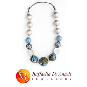 Light Blue <b>Gold</b> Grey <b>Painted</b> <b>Wood</b> Beaded Necklace Women's Sporty Pendant Necklace with <b>Wood</b> Beads Raffaella De Angeli Italy - Product Image 2