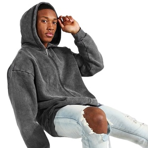 Sweat à capuche lourd de haute qualité zippé 100% coton Vintage noir sweat à capuche zippé goutte épaule sweat à capuche lavé fermeture éclair 2025 - Product Image 2