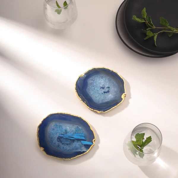 Polished Natural Crystal Rose Quartz Agate Slices Resin Coaster with Gold Rim Design Engraved for Home Decoration Angel Style
