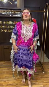 Impresionante trabajo de bordado Pure Chinon Silk Kaftan con Dhoti Set Mujeres Lana Abaya Impresión digital Adultos India y Pakistán Soporte - Product Image 2