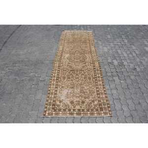 Turkish Vintage Rug, Runner 3.37x9.3 ft (103x283 cm) Rug, <b>Brown</b> Striped <b>Wool</b> Rug - Product Image 1