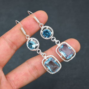 Topaze bleue de Londres créée en laboratoire 10X14 MM Octagone Lunette sertie à la main Boucles d'oreilles en argent sterling plaqué 1.90 Cadeau de fête - Product Image 2