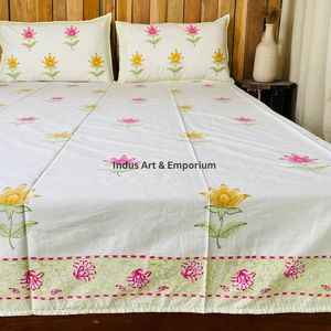 Indian Handcrafted Sanganeri Hand <b>Block</b> Printed Bedsheets Bedding Sets Bedsheet with Pillow Cover - Product Image 4