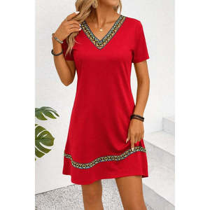 Women's Short-Sleeved V-Neck Ethnic Patterned <b>Viscose</b> <b>Dress</b> with Stripe Detail, 36477 - Red - Product Image 2