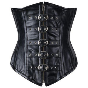Dernier modèle en gros de corset gothique en cuir noir steampunk pour femme, avec dentelle, armatures en acier, boutons sur le devant et applications de plumes - Product Image 1