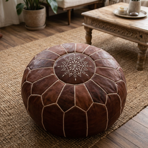 Handmade Genuine <b>Leather</b> Round <b>Pouf</b> Cover with Geometric Embroidery Bohemian Style Stitched Design Zipper Closure Home Decor - Product Image 4