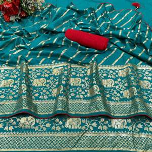 Vestido elegante exclusivo de diseño de elefante con estampado de lámina de seda Dhola clásico Sari indio tradicional más vendido de la India - Product Image 1