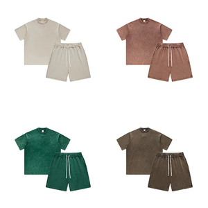 Conjunto de dos piezas de algodón lavado ácido OEM personalizado para hombre, ropa informal de verano Vintage, camiseta y pantalones cortos, venta al por mayor - Product Image 6
