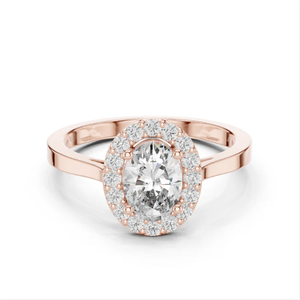 Lujoso anillo de compromiso de halo de diamantes ovalados de oro rosa con diseño exquisito para bodas y propuestas de India - Product Image 1