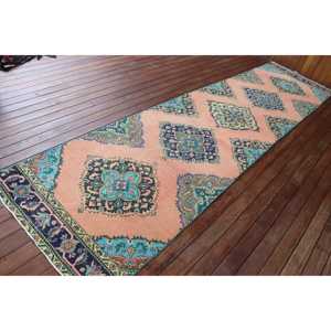 Alfombra Turca Vintage, Alfombra de Pasillo de 3,3x13,2 pies, Alfombra a Rayas Azul y Rosa - Product Image 2