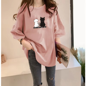 Estilo caliente verano Mujer cuello redondo Camiseta nuevas camisetas de verano moda manga corta versátil suelta estilo de longitud media - Product Image 4