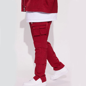 Pantalones cargo de nailon color Burdeos para hombre personalizados más a la moda tela de PANA con bolsillos con cremallera y cordones - Product Image 2