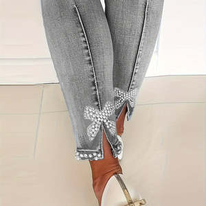 กางเกงยีนส์สกินนี่สีน้ำเงินสำหรับผู้หญิง ผ้าเดนิมยืดหยุ่นสูง ตกแต่งมุกเทียม ทรงเข้ารูป ดีไซน์ผ่าข้าง เอวสูง ระบายอากาศได้ดี - Product Image 6