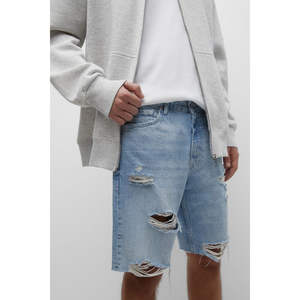 Men's High <b>Waist</b> Blue Cotton Denim <b>Jeans</b> Shorts with Zipper Fly Bermuda shorts Pattern Washed Technique Baggy Pants - Product Image 4