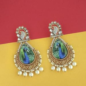 Kriaa Kundan 1315126 Peacock Design Dangle Earrings with Austrian Stone Fashion Jewelry - Product Image 1