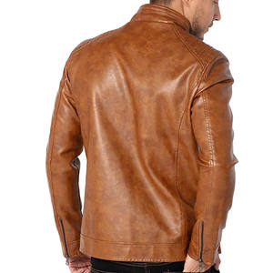 Veste en cuir pour moto à col montant pour homme, légère, en simili cuir, fermeture éclair, marron, décontractée, unisexe, veste personnalisée authentique - Product Image 4