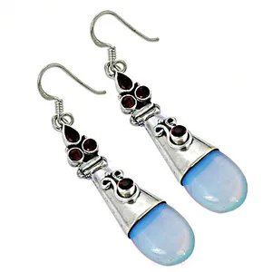 Boucles d'oreilles pendantes pour femme en argent 925 avec opale et grenat, style bohème, forme goutte d'eau, pour usage quotidien, serti clos, bijoux pendantes - Product Image 2