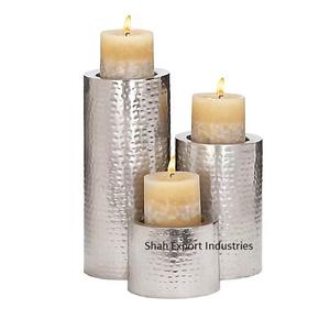 Bougeoir de pilier cylindrique martelé en métal plaqué argent pour mariage et table à manger pilier de bougie décoratif - Product Image 2