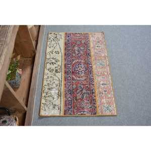 2x3,1 ft Turkish Vintage <b>Wool</b> Rug <b>Red</b> Blue Floral Patchwork Design Eco Friendly Latex Backing - Product Image 1