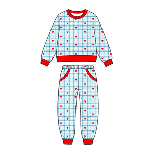 Ensemble pyjama 2 pièces pour garçons, haut à manches longues avec imprimé cœur à carreaux et pantalon à taille élastique, vêtements de nuit doux et décontractés - Product Image 1