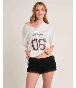 Camiseta de Verano para Mujer, 100% Poliéster Ecológico, Estampado, Estilo Urbano, Manga Corta, Cuello en V, Corte Holgado - Product Image 1