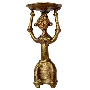 Wholesale Handmade Decorative Brass Dhokra Half Sitting Tribal Lady Candle Stand for Home Table Decoration 5.00 Inches DC0035