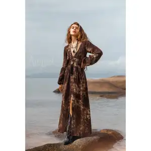 Nieuwe Lente Zomer Vrouwen Diepe V-Hals Maxi Jurk Bohemian Bloemenstropdas Kleurstof Bruin Biologisch Katoen Full Mouw Boho Strandjurk