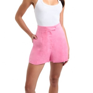 Pink Mid Waist Linen <b>Shorts</b> Pockets Casual Women's <b>Shorts</b> Regular Fit Breathable Woven Fabric Eco-Friendly Quick Dry Solid Color - Product Image 1