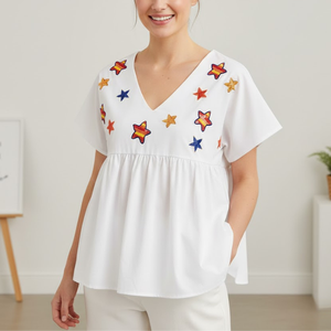 2025 diseño personalizado estilo occidental Peplum Tops manga corta cuello en V equipos famosos parches de lentejuelas para el día del juego caído - Product Image 4