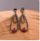 Boucles d'oreilles pendantes en forme de larme avec diamants et rubis pour hommes |   Bijoux d'anniversaire étincelants de style vintage en argent sterling 925 plaqué noir - Product Image 3