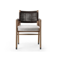 Chaise de salle à manger moderne en teck massif avec dossier en corde tressée et revêtement en cuir, écologique et durable pour appartement