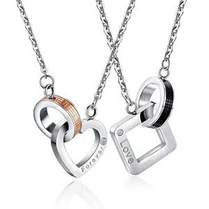 Husband Wife Necklace Pendant forever love Heart Bling Charm Bracelet Cubic Zirconia Double loop molding Couple chain necklace