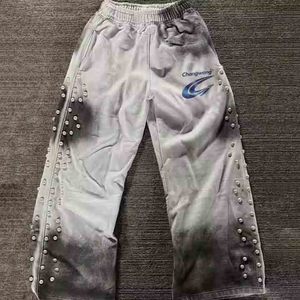 カスタムストリートウェア100% コットンフレンチテリーパールサンフェードジョガー男性用ドローストリング弾性ウエストバンドラインストーンスポーツパンツ - Product Image 1