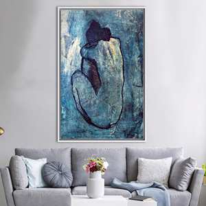 Toile imprimée Picasso, bleu nude - Décoration murale d'art érotique moderne, encadrée de blanc - Product Image 1