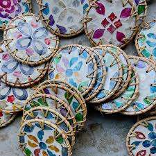 premium <b>rattan</b> <b>placemat</b> mother of pearl inlay unique round handcrafted rustic vintage insulated coffee cup mat - Product Image 4