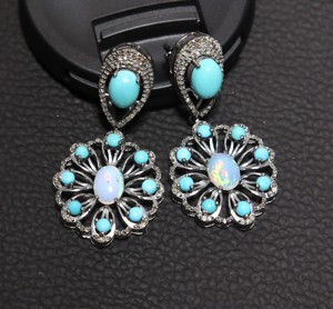 Boucles d'oreilles en argent avec opale éthiopienne et turquoise de l'Arizona avec diamant Boucles d'oreilles en diamant Ensemble de boucles d'oreilles Beauty Turquoise - Product Image 4