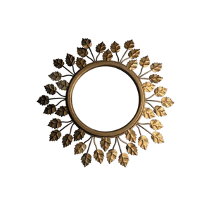 Leaves Decorative Iron Metal Wall <b>Hanging</b> <b>Mirror</b> Gold Finished for Home Living Room Decor Round Shape Wall <b>Mirror</b> - Product Image 1