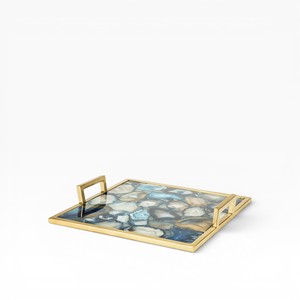 Rectangular Neutral Natural Agate Stone <b>Serving</b> <b>Tray</b> with Soft Crystal Texture and Classic <b>Gold</b> Metal Handles - Product Image 4