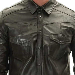 Men's Slim Fit Full Sleeve Genuine Leather Jacket <b>Black</b> <b>Button</b>-<b>Up</b> <b>Shirt</b> - Product Image 3