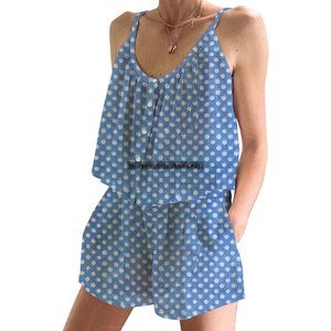 Conjunto de Pijama de Algodón Estampado a Mano al por Mayor para Primavera/Verano, Conjunto de Pijama Floral Ajustado sin Mangas con Tirantes - Product Image 4