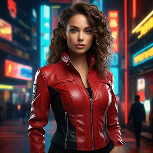 แจ็กเก็ตหนังสีแดงสำหรับนักขี่มอเตอร์ไซค์สำหรับผู้หญิงแจ็กเก็ตหนังสไตล์ทันสมัย - Product Image 3