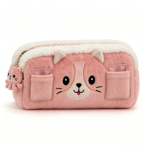 Unique plush fluffy cat pencil pouch with keychain, cute animal plush pencil <b>bag</b> soft plush cat stationery pouch - Product Image 2