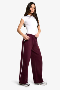 Venta caliente Borgoña mujeres 100% algodón alto lado raya Joggers pierna ancha ajuste suelto transpirable Terry Fleece pantalón suave al tacto - Product Image 6