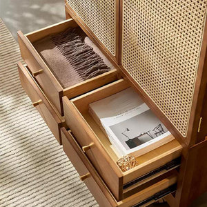 Retro <b>Solid</b> <b>Wood</b> Rattan <b>Bookcase</b> with Iron and Bamboo Versatile Home Office Living Room Bedroom School Hotel Furniture - Product Image 2