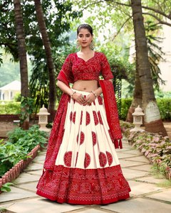 ชุดแต่งกายแนวชนเผ่าที่ทันสมัยผ้าบันดานิมีสีแดงพิมพ์ลาย lehenga choli ด้วยผ้าไหมทัสซาร์ dupatta และเสื้อสำหรับใส่ในงานเทศกาล - Product Image 4