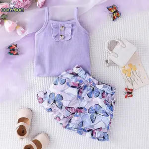 Conyson Conjunto de roupas infantis de verão sem mangas com botões e babados colete borboleta shorts 2 peças para meninas