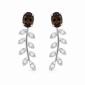 Modernos Pendientes Colgantes de Hoja con Cuarzo Ahumado y Circonita Cúbica para Mujer, Plata de Ley Fina con Baño de Rodio, para Aniversario o Compromiso - Product Image 1