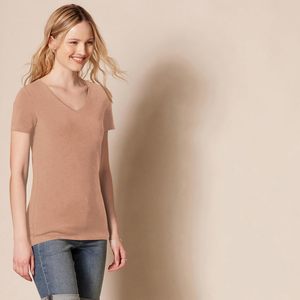 T-shirt décontracté en coton tricoté à col en V et manches courtes pour femme, couleur unie, respirant, coupe classique, printemps-été - Product Image 5